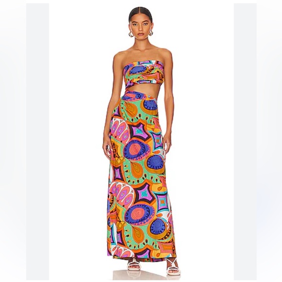 SWF Dresses & Skirts - SWF Murano Asymmetrical strapless Cut Out retro printed Maxi Dress Size XS
